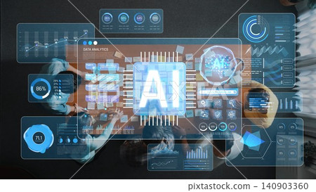 Engaging visual representation of data analytics and artificial intelligence insights in a modern workspace, emphasizing innovation and teamwork in analysis and decision-making. Sigmoid 140903360