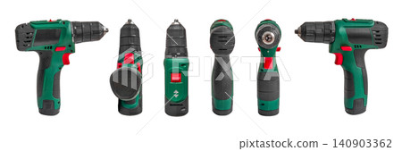 Row of professional cordless electric drills and power screwdrivers standing on white background Row of professional cordless electric drills and power screwdrivers standing on white background 140903362