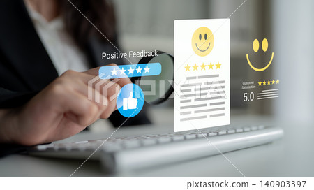 Modern Businesswoman Analyzing Positive Customer Feedback on Digital Display with Virtual Reviews and Satisfaction Metrics Cyphers. Modern Businesswoman Analyzing Positive Customer Feedback on Digital Display with Virtual Reviews and Satisfaction Metrics Cyphers. 140903397