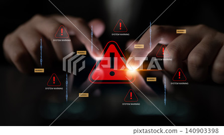 Hands Interacting with Digital Warning Alerts on a Tablet Screen in a High-Tech Environment Representing Cybersecurity Threats and Precautionary Measures. Glyphic Hands Interacting with Digital Warning Alerts on a Tablet Screen in a High-Tech Environment Representing Cybersecurity Threats and Precautionary Measures. Glyphic 140903398