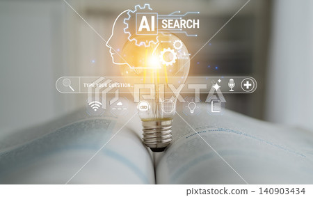 Innovative AI Search Concept with Light Bulb Symbolizing Creativity and Knowledge, Integrating Technology and Education in Modern Learning Environment. Glyphic 140903434