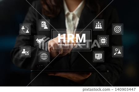 Business Professional Engaging with Human Resource Management Technology and Digital Icons in a Modern Office Environment Cyphers. Business Professional Engaging with Human Resource Management Technology and Digital Icons in a Modern Office Environment Cyphers. 140903447