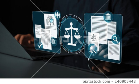 Digital Justice Technology Concept Featuring Scales of Justice and Legal Documents with Hands Typing on Laptop in Dark Environment. Entropy Digital Justice Technology Concept Featuring Scales of Justice and Legal Documents with Hands Typing on Laptop in Dark Environment. Entropy 140903448