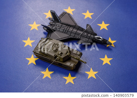 A fighter jet on the European Union flag as a conceptual backdrop representing Europe's defense 140903579