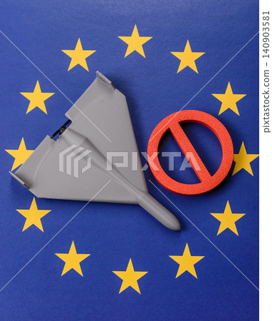 A Shahed drone featuring a prohibition symbol superimposed on the European Union flag 140903581