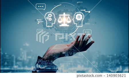 Conceptual illustration of justice and technology intertwined, showcasing balance, law, and digital communication in a futuristic setting with human hand Gluon Conceptual illustration of justice and technology intertwined, showcasing balance, law, and digital communication in a futuristic setting with human hand Gluon 140903621