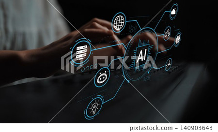 Futuristic Technology Concept of Artificial Intelligence with Digital Interface and Data Connection Visualizing Innovation and Collaboration. Entropy Futuristic Technology Concept of Artificial Intelligence with Digital Interface and Data Connection Visualizing Innovation and Collaboration. Entropy 140903643