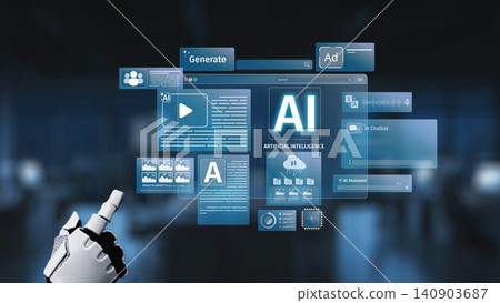 Futuristic Robot Hand Interacting with Various Digital Interfaces Showcasing Artificial Intelligence Tools and Applications in a Tech Environment Synapse Futuristic Robot Hand Interacting with Various Digital Interfaces Showcasing Artificial Intelligence Tools and Applications in a Tech Environment Synapse 140903687