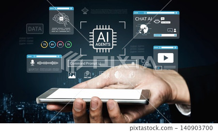 Hand holding smartphone displaying digital interface with AI agents, data analytics, chat features, technology concepts, and futuristic graphics for stock photo needs Gluon 140903700