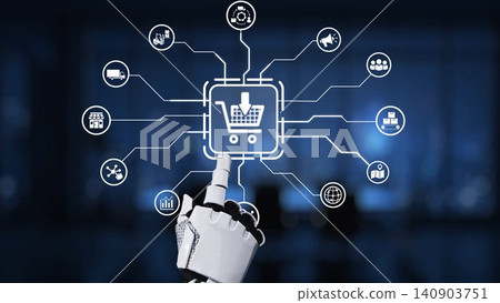 Futuristic Robot Hand Interacting with E-commerce Interface Icons for Online Shopping Experience and Technology Integration for Retail Innovation Synapse Futuristic Robot Hand Interacting with E-commerce Interface Icons for Online Shopping Experience and Technology Integration for Retail Innovation Synapse 140903751