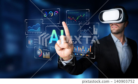 Businessman Using Virtual Reality Headset with Interactive Data Visualizations and AI Analytics in Modern Office Environment Gluon Businessman Using Virtual Reality Headset with Interactive Data Visualizations and AI Analytics in Modern Office Environment Gluon 140903752