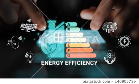 Visual representation of energy efficiency featuring a smartphone with ratings and eco-friendly icons. Emphasizes technology role in promoting sustainability and conservation. Sigmoid Visual representation of energy efficiency featuring a smartphone with ratings and eco-friendly icons. Emphasizes technology role in promoting sustainability and conservation. Sigmoid 140903759