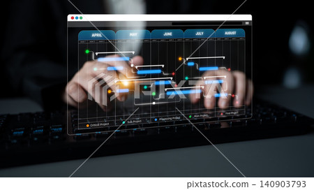 Dynamic project timeline visualization with a Gantt chart displayed on a computer screen, showcasing hands working on a keyboard. Ideal for management and planning themes. Sigmoid 140903793