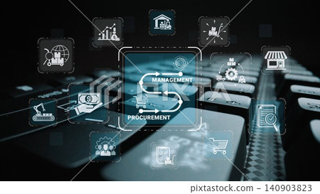 A compelling visual representation of procurement and management concepts through digital icons on a keyboard, symbolizing the integration of technology in business strategies. Sigmoid A compelling visual representation of procurement and management concepts through digital icons on a keyboard, symbolizing the integration of technology in business strategies. Sigmoid 140903823