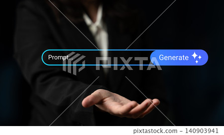 Business professional with outstretched hand presenting generate prompt concept for technology and creativity collaboration in dark background Gantry Business professional with outstretched hand presenting generate prompt concept for technology and creativity collaboration in dark background Gantry 140903941