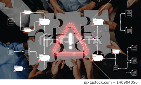 A dynamic scene illustrating teamwork with hands assembling puzzle pieces, accompanied by warning signals representing data management challenges and risk awareness in modern business. Sigmoid A dynamic scene illustrating teamwork with hands assembling puzzle pieces, accompanied by warning signals representing data management challenges and risk awareness in modern business. Sigmoid 140904056