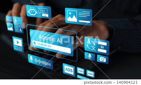 Hands Typing on Laptop with Futuristic Technology Interface Featuring Digital Icons Representing AI, Media, and Advertising Concepts Gluon Hands Typing on Laptop with Futuristic Technology Interface Featuring Digital Icons Representing AI, Media, and Advertising Concepts Gluon 140904121