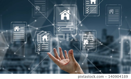 Virtual Property Management Concept with Hand Reaching for Digital Documents Representing Real Estate Listings and Home Information Overlaid with Abstract Connections Gluon 140904189
