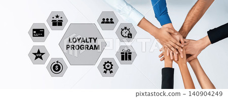 Hands Together Promoting Loyalty Program with Various Icons and Symbols Representing Rewards and Engagement Strategies for Businesses Ledger 140904249