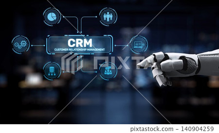 Robotic Hand Interacting with CRM Customer Relationship Management Interface with Data Analytics and Business Icons in Modern Office Environment Synapse 140904259