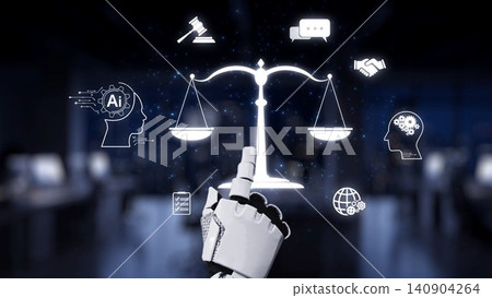 Futuristic Robot Hand Interacting with Justice Symbols, Illustrating Artificial Intelligence and Law Integration in Modern Society, Digital Concept Synapse 140904264