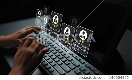 Hands Typing on Laptop Keyboard with Virtual User Profiles Displaying Ratings and Details in a Modern Digital Environment Gluon Hands Typing on Laptop Keyboard with Virtual User Profiles Displaying Ratings and Details in a Modern Digital Environment Gluon 140904265