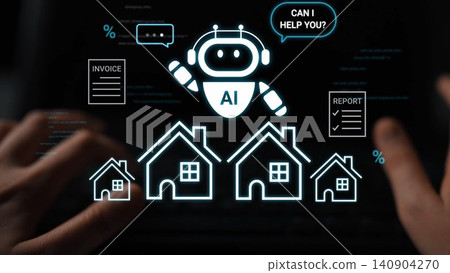 Friendly AI Robot Offering Assistance with Houseownership Queries and Financial Reports on a Digital Screen Displaying Various Business Documents Gluon Friendly AI Robot Offering Assistance with Houseownership Queries and Financial Reports on a Digital Screen Displaying Various Business Documents Gluon 140904270