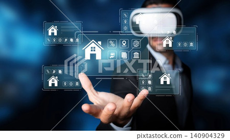 Man in Suit Using Virtual Reality Headset to Interact with Digital Interfaces Representing Real Estate and Housing Concepts in a Modern Environment Gluon Man in Suit Using Virtual Reality Headset to Interact with Digital Interfaces Representing Real Estate and Housing Concepts in a Modern Environment Gluon 140904329