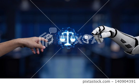 Human and Robot Interaction Symbolizing Legal and Ethical Balances in Technology, Science, and Law with Focus on AI and Human Collaboration Synapse Human and Robot Interaction Symbolizing Legal and Ethical Balances in Technology, Science, and Law with Focus on AI and Human Collaboration Synapse 140904391