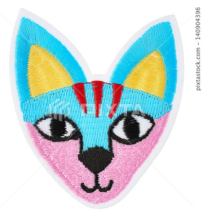 Embroidered animal face patch - light blue x pink x yellow - cutout on a white background Embroidered animal face patch - light blue x pink x yellow - cutout on a white background 140904396