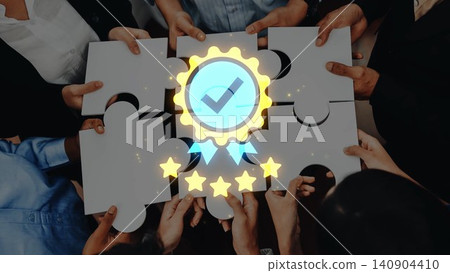 Team Collaboration with Puzzle Pieces and Achievement Badge for Business Success and Growth in Modern Workplace Environment Gluon Team Collaboration with Puzzle Pieces and Achievement Badge for Business Success and Growth in Modern Workplace Environment Gluon 140904410