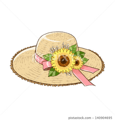 An illustration of a straw hat decorated with sunflowers and a pink ribbon. An illustration of a straw hat decorated with sunflowers and a pink ribbon. 140904695