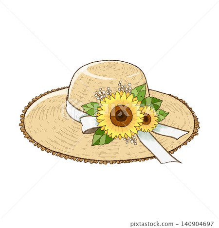 An illustration of a straw hat decorated with sunflowers and a white ribbon. An illustration of a straw hat decorated with sunflowers and a white ribbon. 140904697