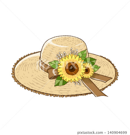An illustration of a straw hat decorated with sunflowers and a brown ribbon. An illustration of a straw hat decorated with sunflowers and a brown ribbon. 140904699