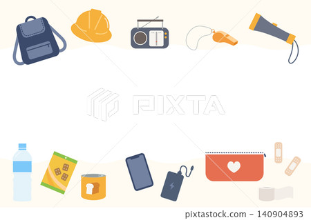 災害防備用品和緊急用品框架 - 插圖,留有文字空間,可用於災害預防日 災害防備用品和緊急用品框架 - 插圖,留有文字空間,可用於災害預防日 140904893