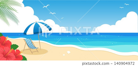 Beautiful tropical beach and beach umbrella background illustration material. Summer, sea, vector. Beautiful tropical beach and beach umbrella background illustration material. Summer, sea, vector. 140904972