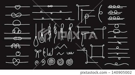 White Line Text Dividers and Decorative Corners Set on Black. Minimalist Dark Mode Page Borders, Vignette Accent Lines, Wavy, Angles, Knots, and Swirl Calligraphy. Isolated Vector Hand Drawn. 140905002