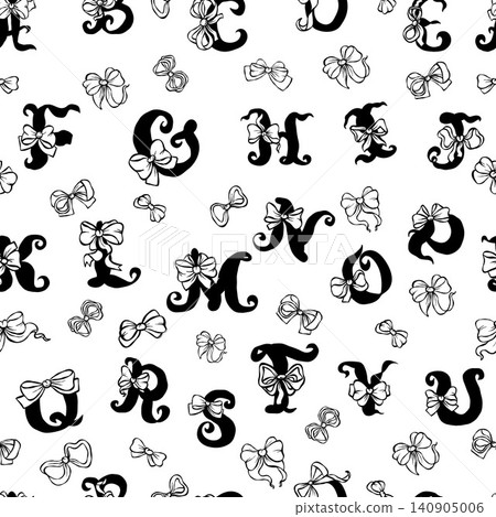 Aesthetic Coquette Letters Alphabet With Ribbon Bows Seamless Pattern. Linear Hand Drawn Doodle black Girly Typography On White Background. Vector Illustration. Aesthetic Coquette Letters Alphabet With Ribbon Bows Seamless Pattern. Linear Hand Drawn Doodle black Girly Typography On White Background. Vector Illustration. 140905006