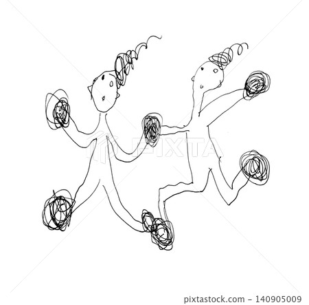 [Transparent Background] Monochrome line art of two unique characters running and dancing while holding hands. 140905009