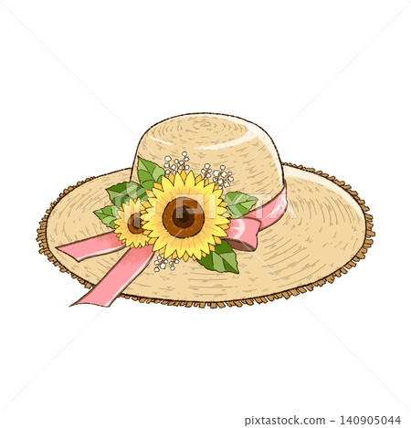 An illustration of a straw hat decorated with sunflowers and a pink ribbon, facing right. An illustration of a straw hat decorated with sunflowers and a pink ribbon, facing right. 140905044