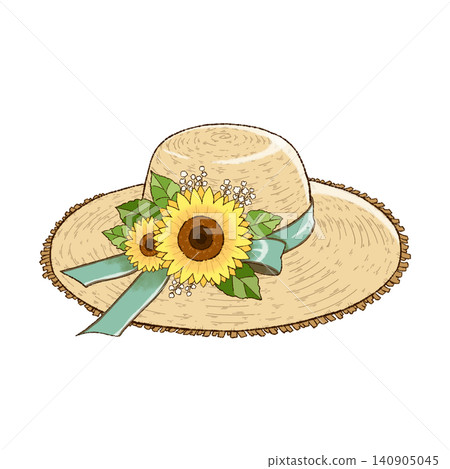An illustration of a straw hat decorated with sunflowers and a mint green ribbon, facing to the right. An illustration of a straw hat decorated with sunflowers and a mint green ribbon, facing to the right. 140905045
