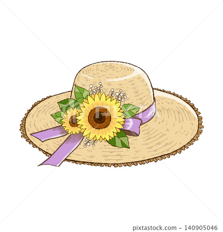 An illustration of a straw hat decorated with sunflower and lavender ribbons, facing right. 140905046