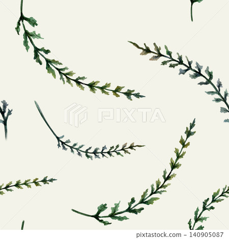 Yarrow leaves seamless pattern watercolor illustration on cream background. Achillea foliage for sensitive skincare cosmetics packaging, gentle organic child care branding, detox herbal tea print Yarrow leaves seamless pattern watercolor illustration on cream background. Achillea foliage for sensitive skincare cosmetics packaging, gentle organic child care branding, detox herbal tea print 140905087