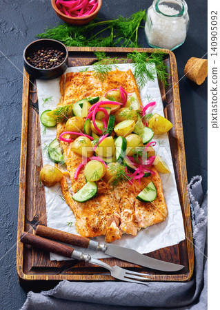 Baked salmon fillet, new potatoes, pickled onion Baked salmon fillet, new potatoes, pickled onion 140905092
