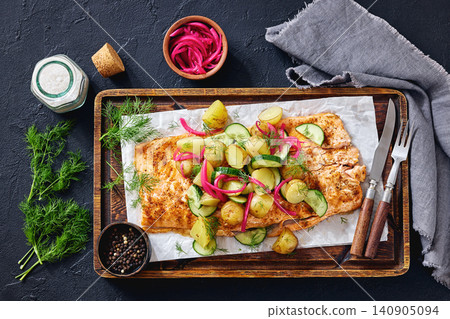 Baked salmon fillet, new potatoes, pickled onion Baked salmon fillet, new potatoes, pickled onion 140905094