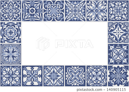 Blue Mediterranean ceramic tile collection with ornate mosaic patterns. Azulejo frame with floral motifs for Traditional decor. Vector illustration Blue Mediterranean ceramic tile collection with ornate mosaic patterns. Azulejo frame with floral motifs for Traditional decor. Vector illustration 140905115