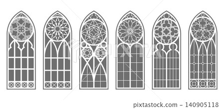 Church arched windows. Gothic arch cathedral frames with pattern of stained glass. Silhouettes of medieval castle decoration. Old architecture catholic decoration of renaissance buildings. Church arched windows. Gothic arch cathedral frames with pattern of stained glass. Silhouettes of medieval castle decoration. Old architecture catholic decoration of renaissance buildings. 140905118