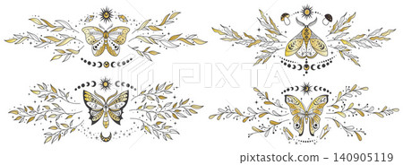 Celestial mystic moth with symbols of moon and sun. Outline vector butterfly vintage illustrations set. Astrology graphic with floral elements for witchy tattoo golden designs, tarot card Celestial mystic moth with symbols of moon and sun. Outline vector butterfly vintage illustrations set. Astrology graphic with floral elements for witchy tattoo golden designs, tarot card 140905119