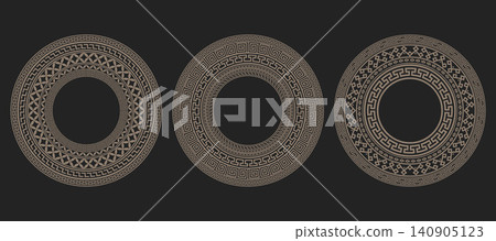 Round Greek pattern frame with Roman ornament and meander symbol. Circular vector border ring in traditional geometric style with antique European decorative details. Round Greek pattern frame with Roman ornament and meander symbol. Circular vector border ring in traditional geometric style with antique European decorative details. 140905123