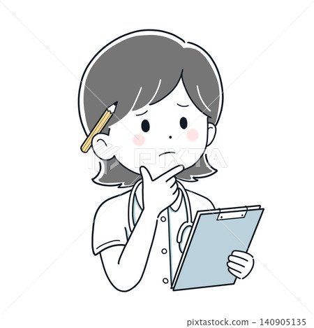 一幅簡單的插圖，描繪了一位護士一邊查看病歷一邊沉思的情景。 140905135